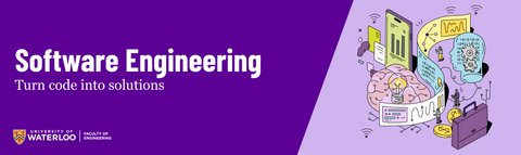 Text that says "Software Engineering: Turn code into solutions" with a drawing of various software engineering imagery