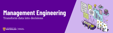 Text that says "Management Engineering: Transform data into decisions" with a drawing of various data analytic boards