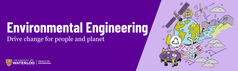 Text that says "Environmental Engineering: Drive change for people and planet" with a drawing of various environmental engineering imagery