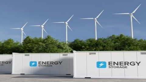 Wind turbines in the background of containers saying energy storage
