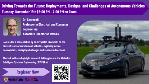 WatCAR webinar details with photo of car and a QR code