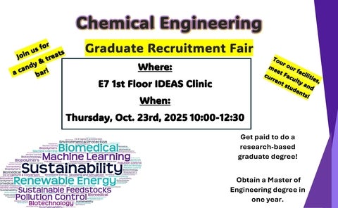 a white poster with colourful lettering inviting people to a Chemical Engineering Grad Fair on Oct. 23rd from 10 am to 12:30 pm