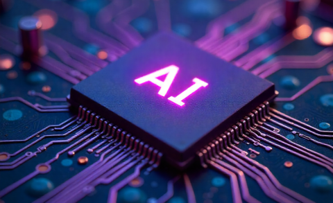A computer chip with glowing letters of AI