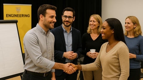 A group of people standing in a room; two shaking hands; image was generated by AI (CoPilot)