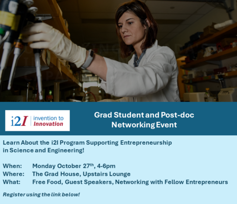 A poster with a scientist working in a lab.  The poster provides the details of a networking event for grad students and post-docs.