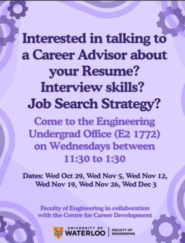 A purple poster decorated with gears, promoting drop in appointments to get career advice.