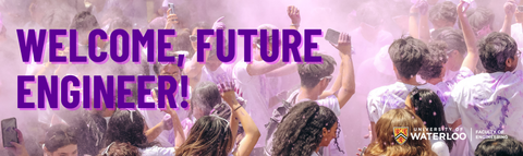 Students jumping with purple powder; text overlay that says "Welcome, Future Engineer!"
