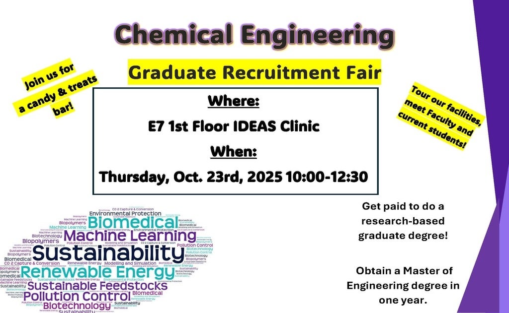 a white poster with colourful lettering inviting people to a Chemical Engineering Grad Fair on Oct. 23rd from 10 am to 12:30 pm