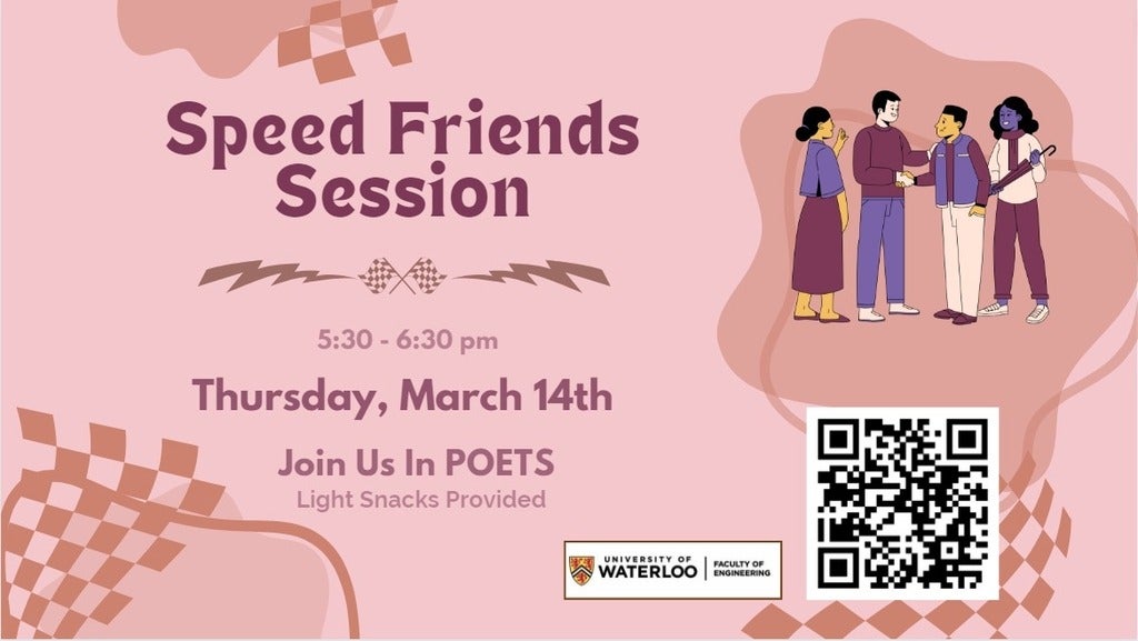 Speed dating, friends style in poets on Thursday march 14, 2024. Join us at 5:30 - 6:30, light snack will be provided!
