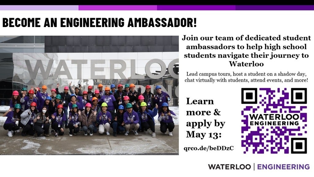 Join our team of dedicated student ambassadors to help high school students navigate their journey to Waterloo. Apply by May 13th!