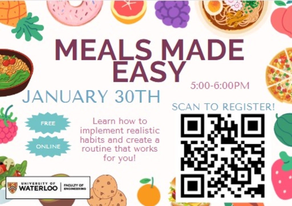 Poster about online event called meals made easy, on January 30th from 5-6pm.