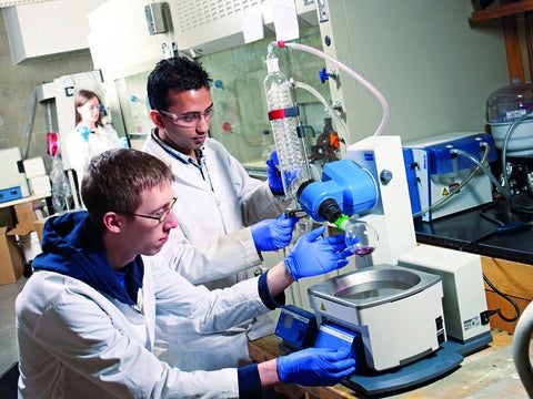 Two grad students working in a lab