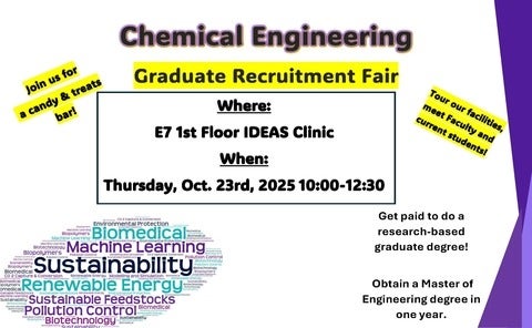a white poster with colourful lettering inviting people to a Chemical Engineering Grad Fair on Oct. 23rd from 10 am to 12:30 pm