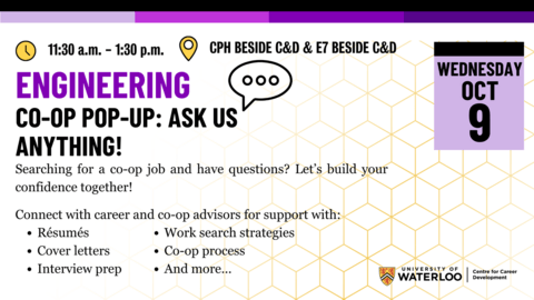 Engineering Co-op Pop-up Event Wednesday Oct 9 11:30am - 1:30pm