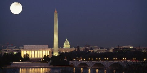 Washington DC skyline at night with full moon