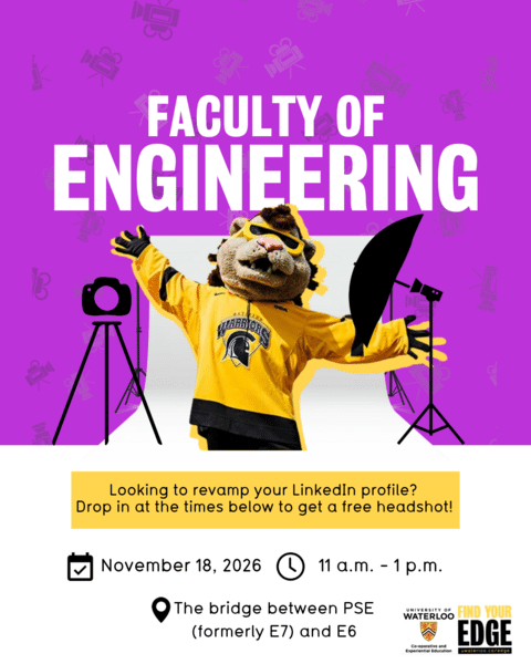 King Warrior (UWaterloo Mascot) standing getting his photo taken the "Faculty of Engineering" above him