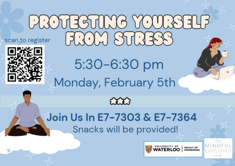 Poster for 'Protecting Yourself from Stress' Event Feb 5th from 5:30-6:30pm in E7-7303 and E7-7364