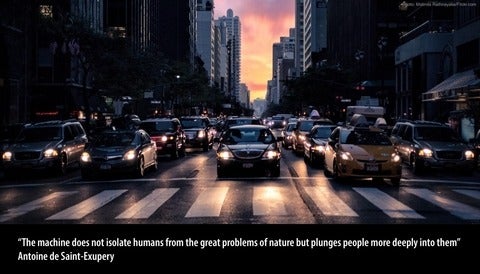 Road with cars: “The machine does not isolate humans from the great problems of nature but plunges people more deeply into them"