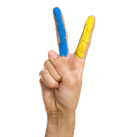 blue and yellow finger peace sign
