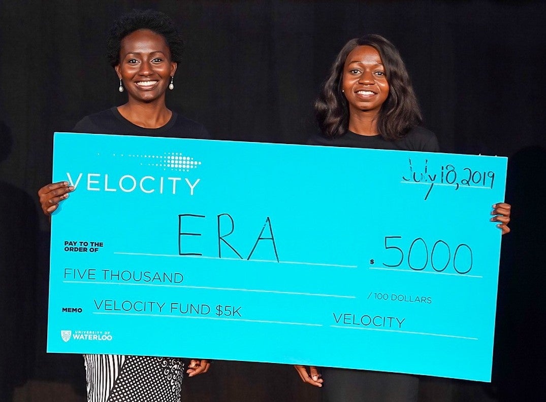 Folake Owodunni, left, and Maame Yaa Afriyie Poku of Emergency Response Africa pose with their ceremonial cheque at the Velocity Fund Finals last summer.