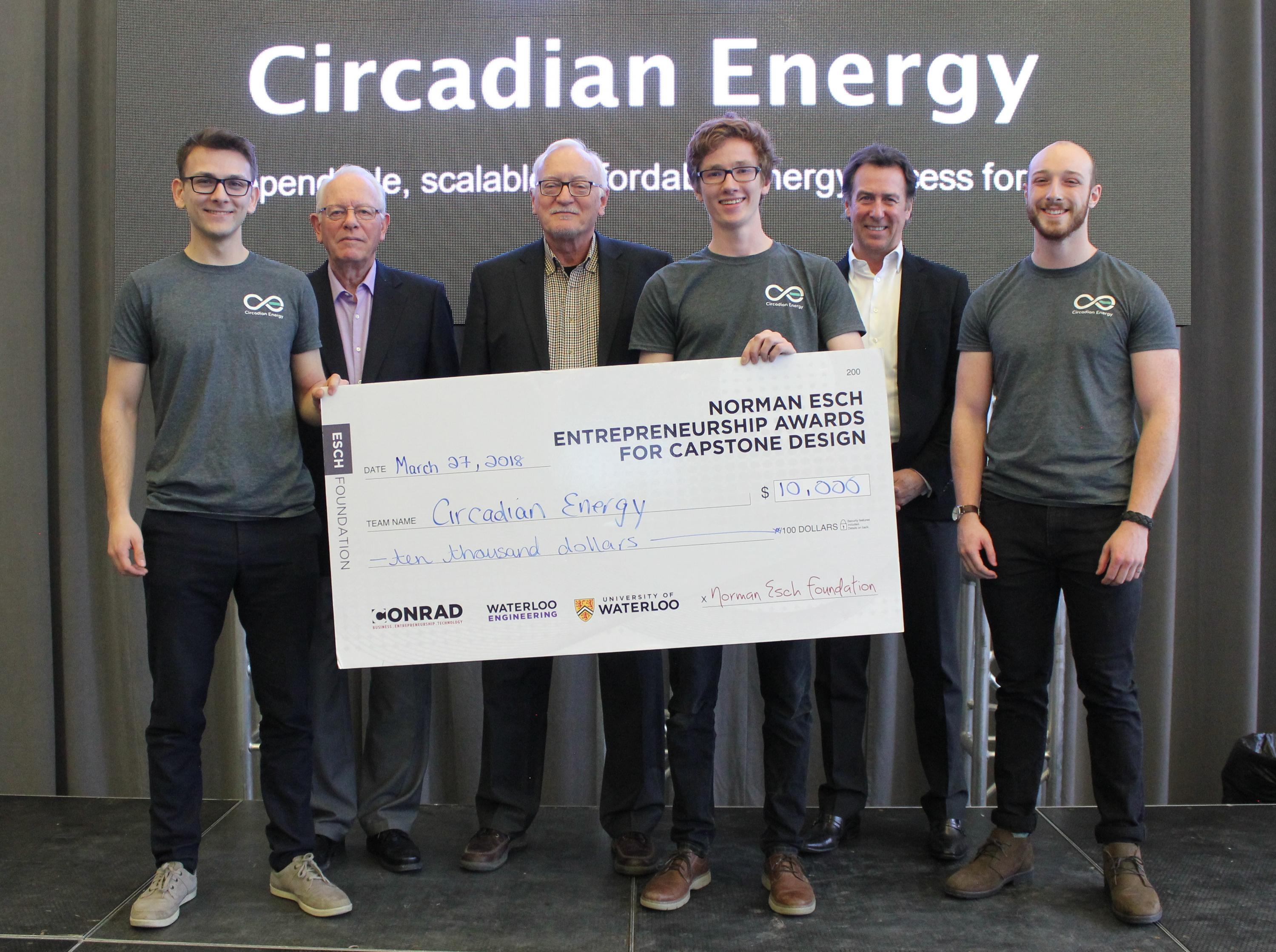 John Curticapean (left to right), Malcolm Williams and Ben Hudson of Circadian Energy pose with Esch Foundation trustees Jim Sharples, David Esch and Larry Barrett at this week's pitch contest for graduating Waterloo Engineering students.