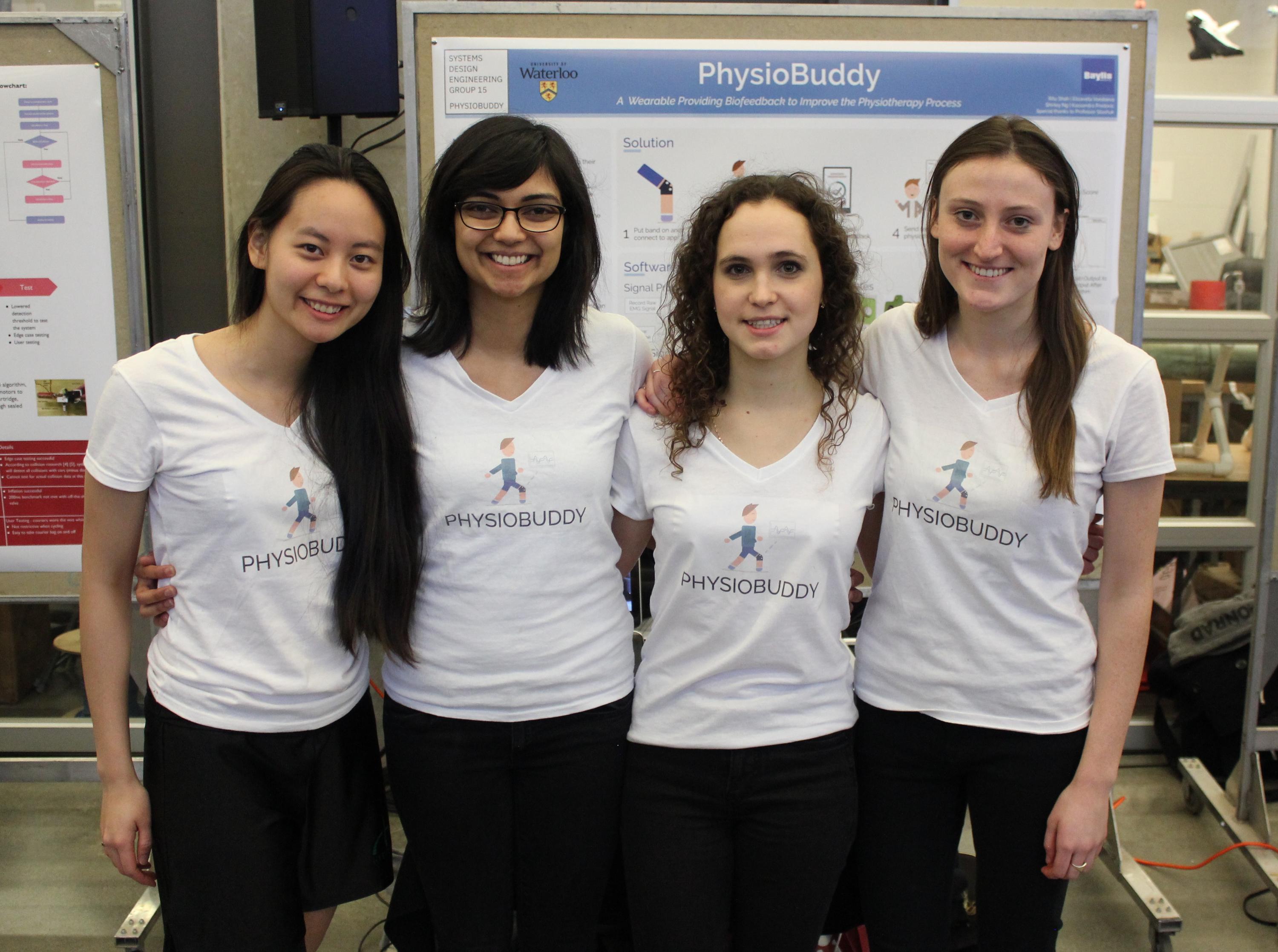 Shirley Ng (left to right), Ritu Shah, Elizaveta Vorobieva and Kassandra Predovic of PhysioBuddy took one of six $10,000 prizes as graduating Waterloo Engineering students pitched their startups.