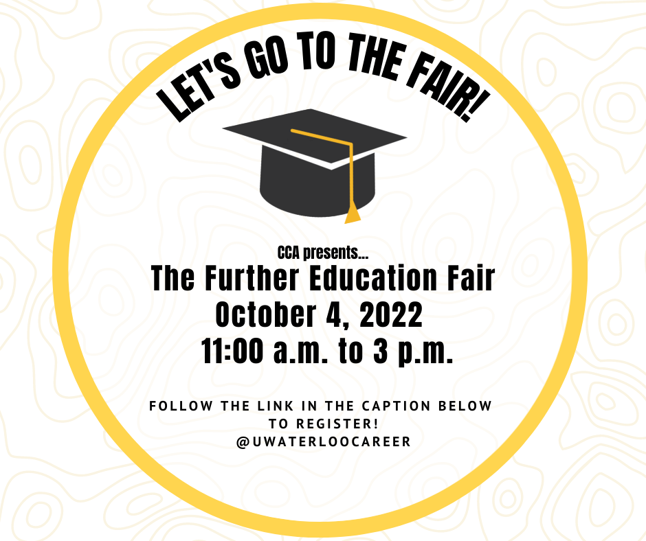 Graphic with a white background and yellow circle with a graduation cap inside. Graphic reads: "let's go to the fair!"