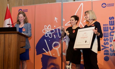 Mary Wells and Minister Duncan and Valerie Davidson at NSERC Science Promotion awards
