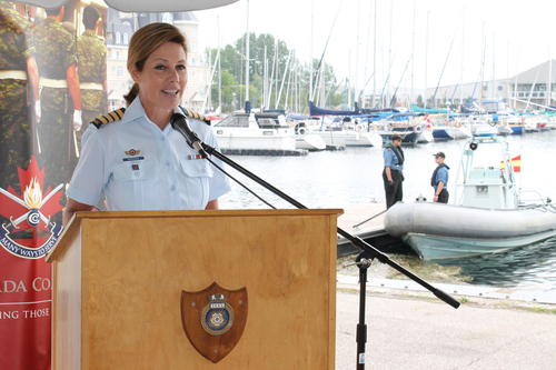 Angela Mondou at harbour podium