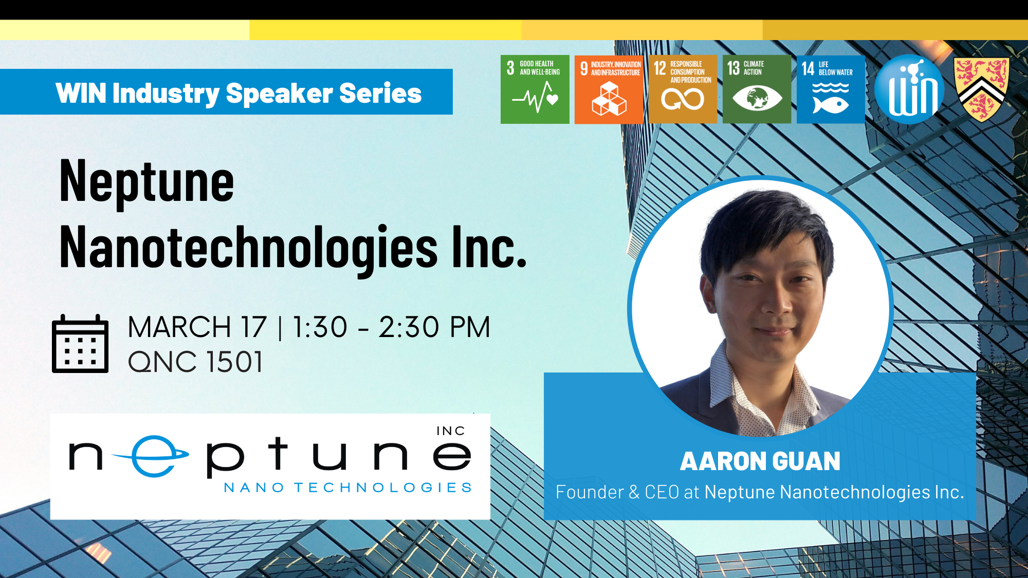 Ad graphic for WIN industry speaker, includes photo of Arron Guan. All other information can be found in the event listing. 