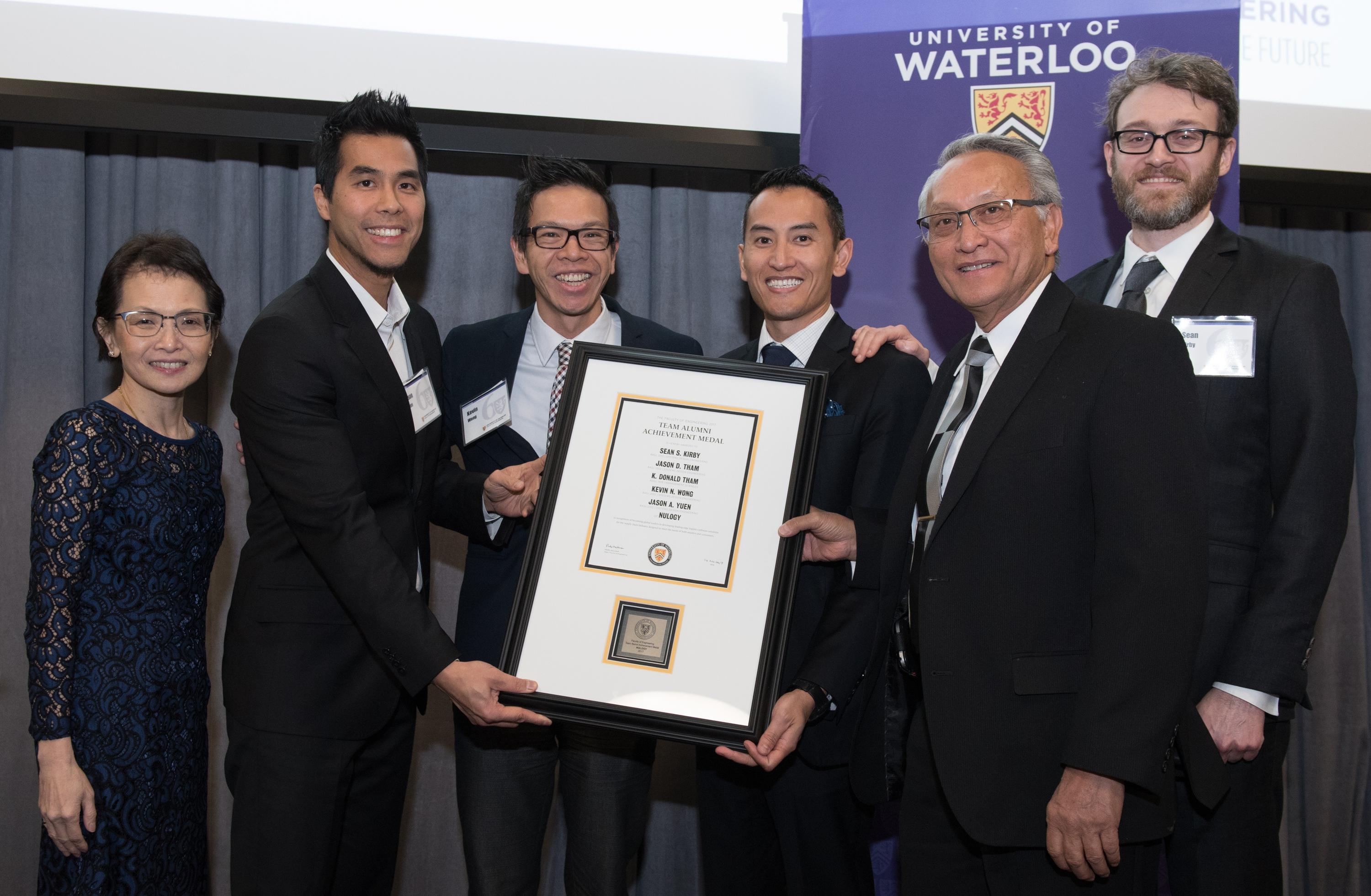 Dean Pearl Sullivan poses with Nulogy founders (from left to right) Jason Yuen, Kevin Wong, Jason Tham, Donald Tham and Sean Kirby.