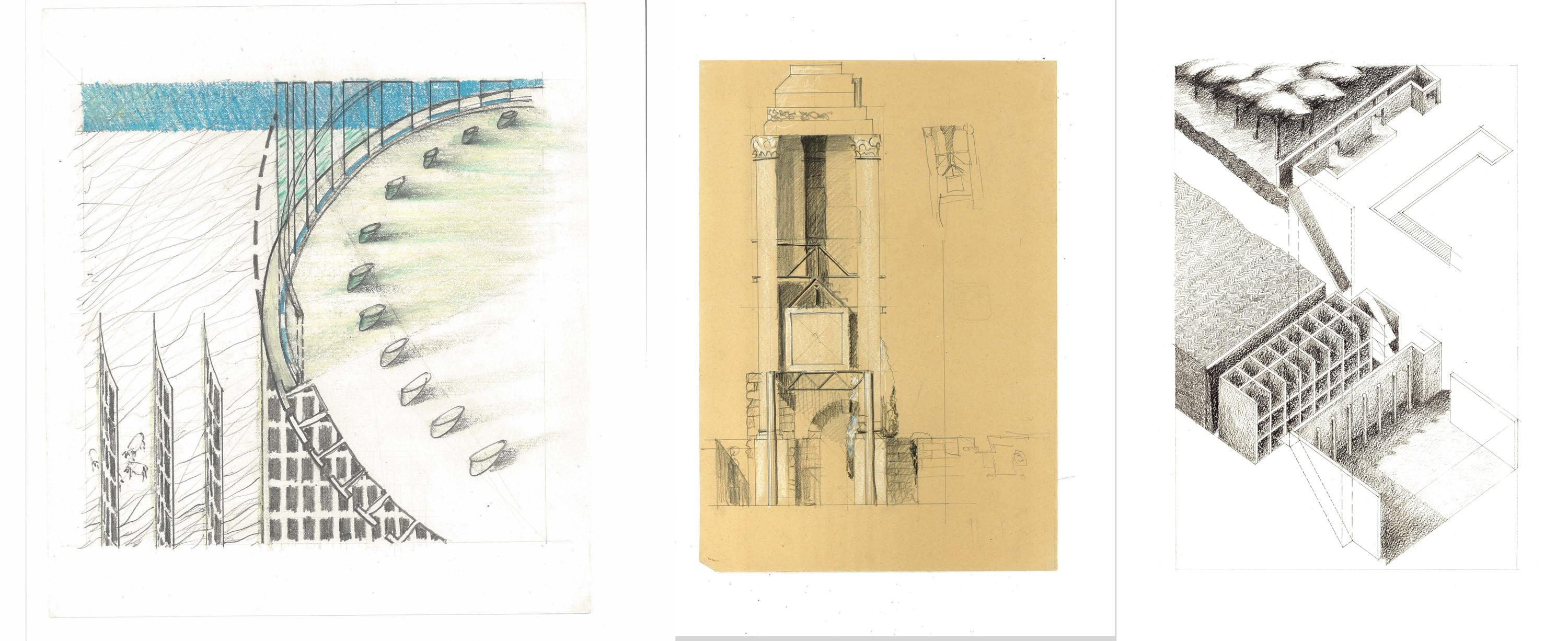 Three sketches by Waterloo Architecture graduates Howard Sutcliffe and Alison Brooks completed during their Rome terms.