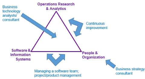Graphic showing the three theme areas and typpical careers in which Management Engineering graduates develop business and management skills 