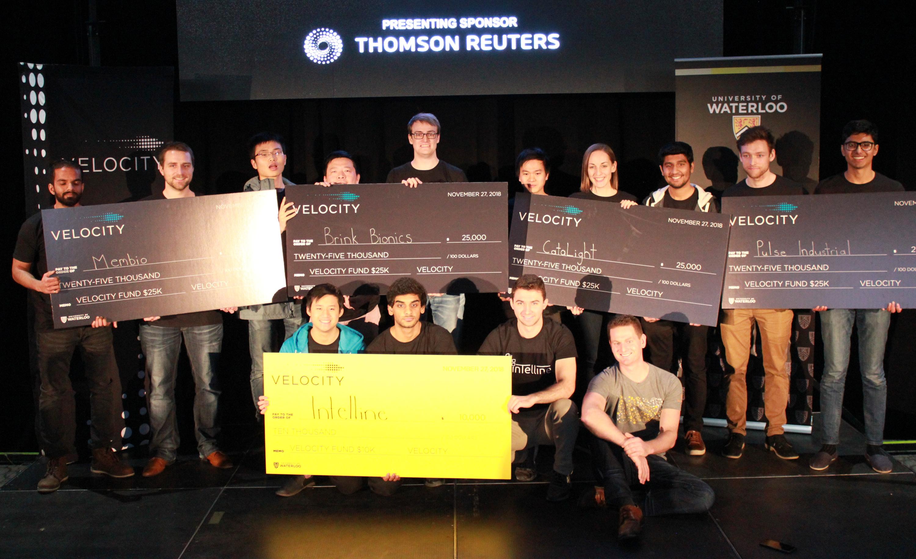 Winners in the $25,000 and hardware categories at the Fall 2018 edition of the Velocity Fund Finals pose with their cheques.