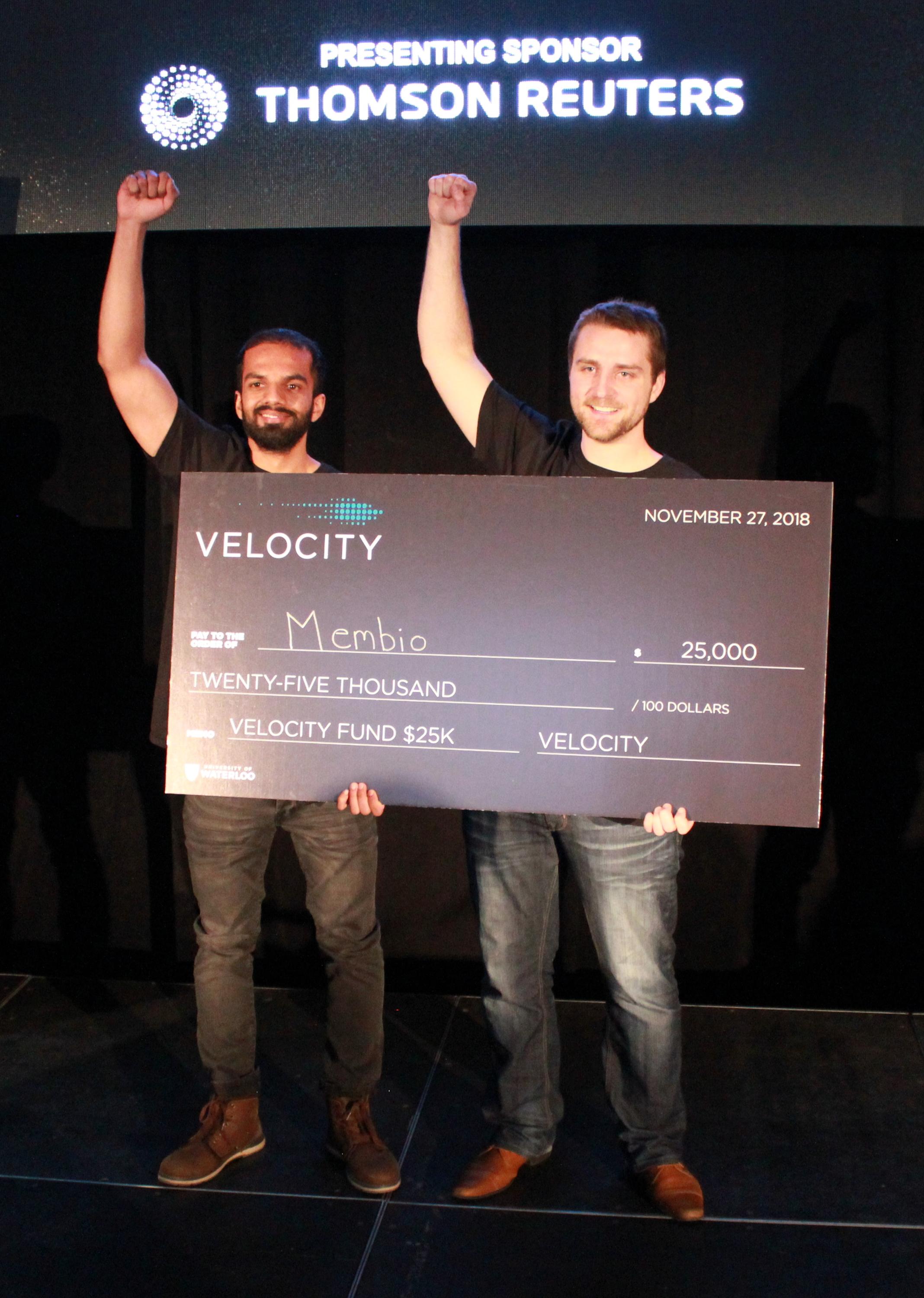 Moin Ahmed (left) and Shane Kilpatrick of Membio celebrate their $25,000 win at the Velocity Fund Finals.