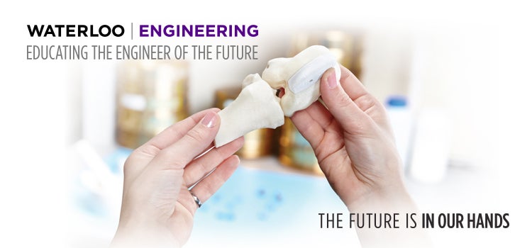 Educating the engineer of the future campaign with tagline, "the future is in our hands" text laid over a hand holding 3d printed bone