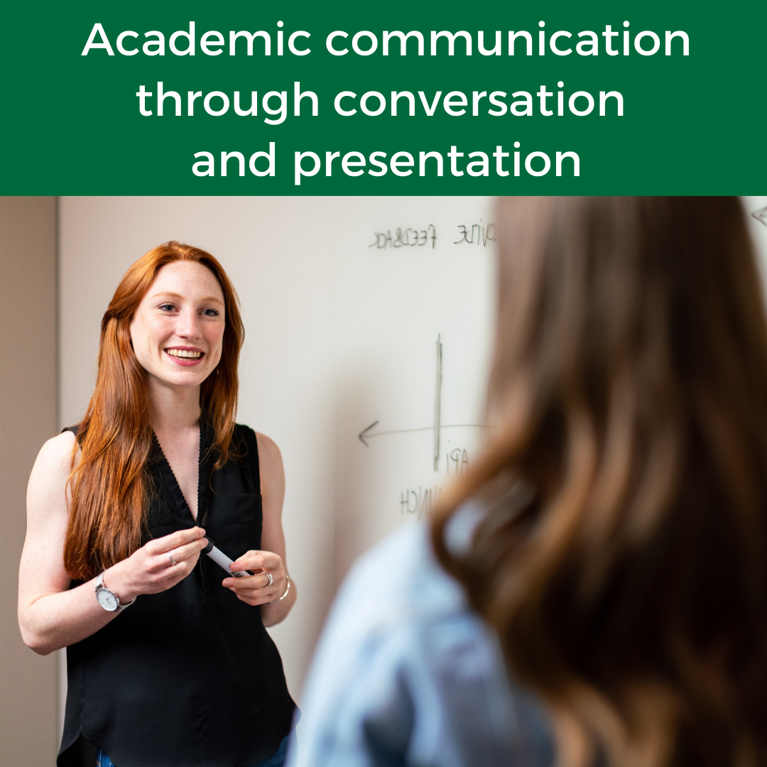academic communication through conversation and presentation with a woman pictured in front of white board facing another person in conversation