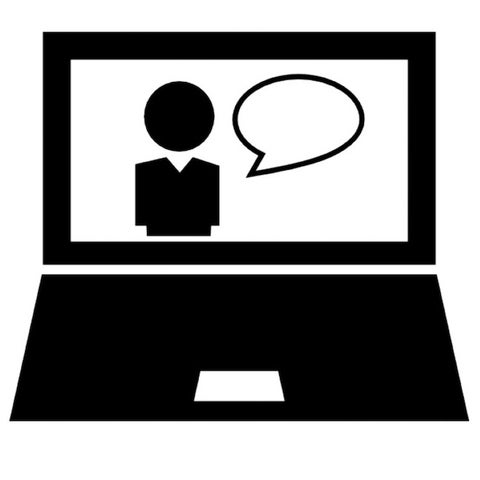 Icon of person speaking on laptop.