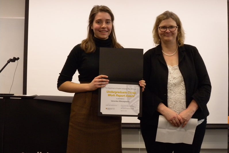 Veronika Mikolajewski receives the Undergraduate Co-op Work Report Award from Victoria Lamont