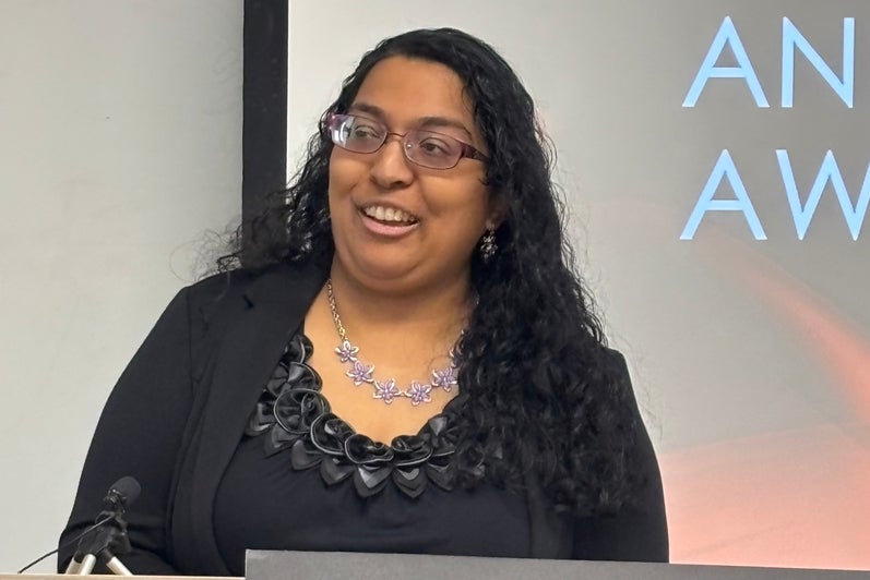 Donor Sara Kannan introduces the Diaspora and Transnational Studies Prize.