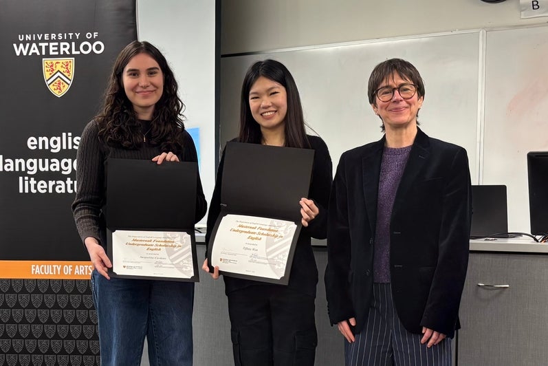 Dr. Tristanne Connolly presents Jacqueline Cardoso and Tiffany Wen with the Masternak Scholarship.