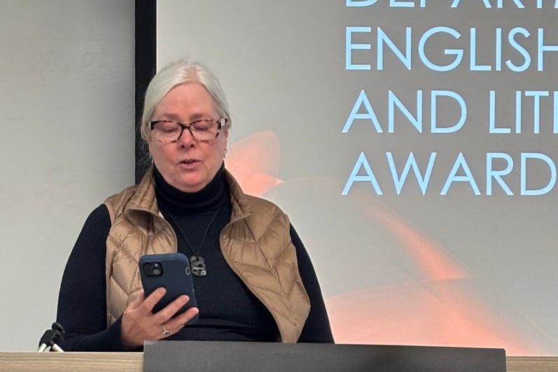 Donor Nancy Mattes introduces the Olive Carrick Scholarship in English.