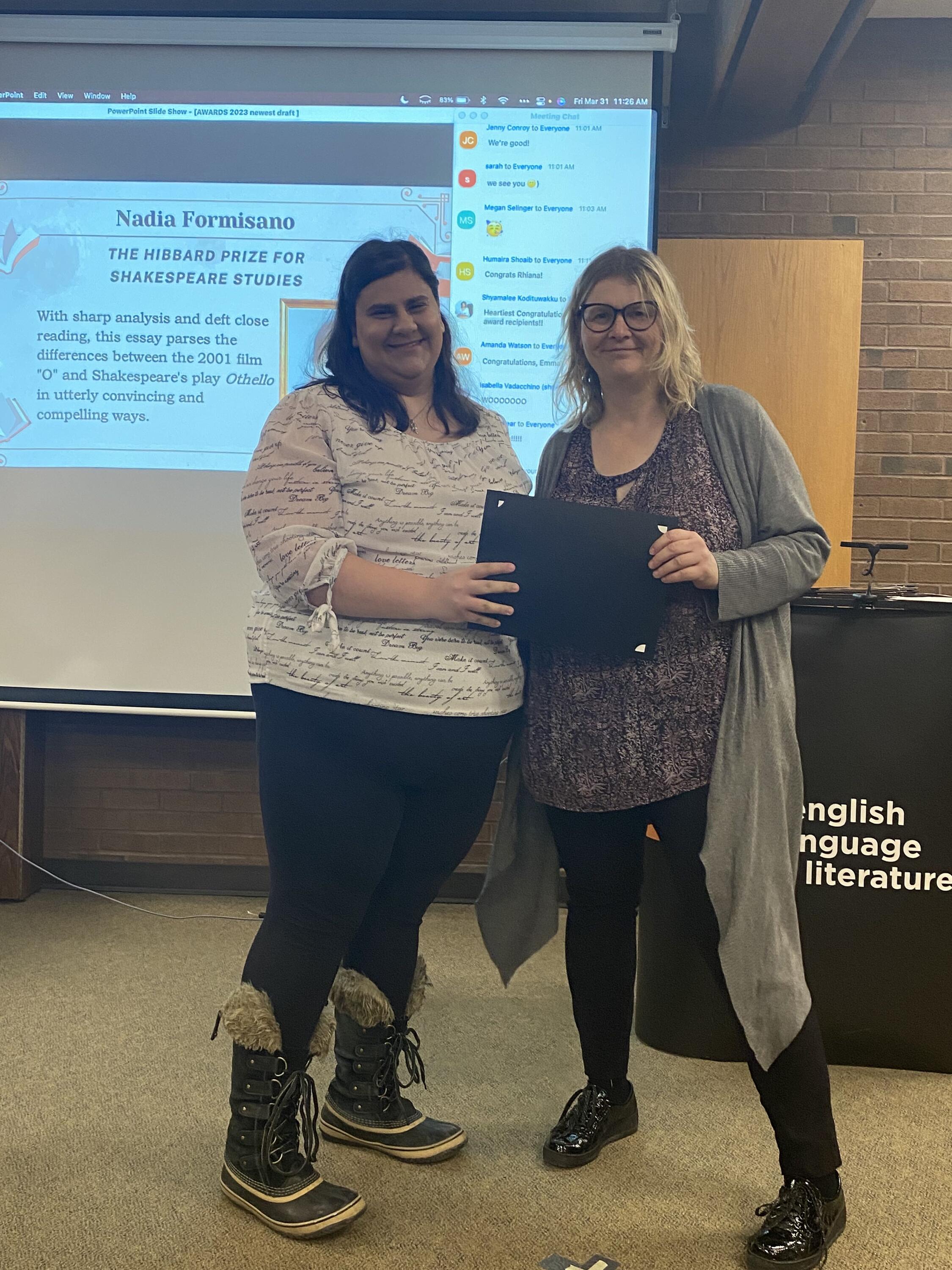 Nadia Formisano receives the Hibbard Prize for Shakespeare Studies from Dr. Victoria Lamont.