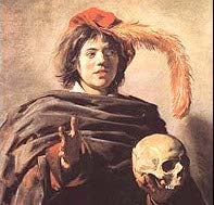 Painting of young man with a feather hat holding a skull.