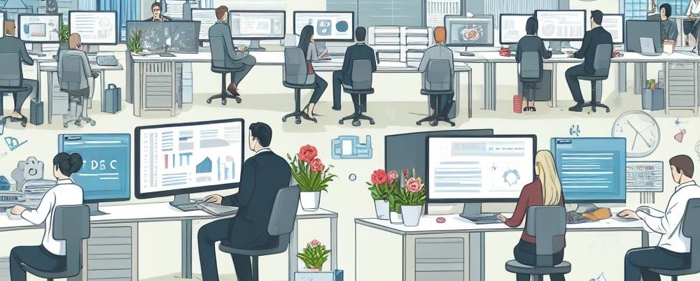 Clipart image of office with people at computers.