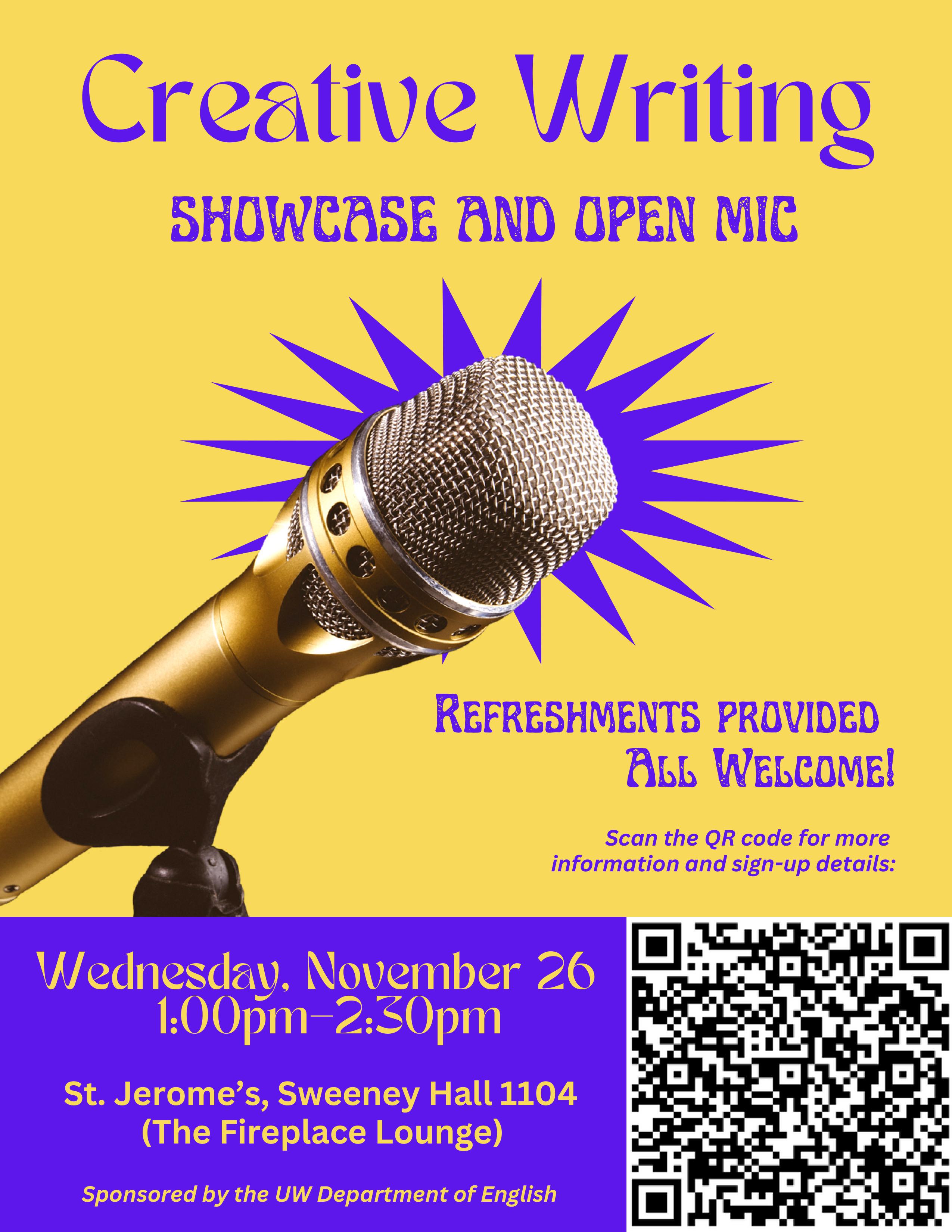 Creative Writing Showcase Poster with photo of Microphone. Information on event page.
