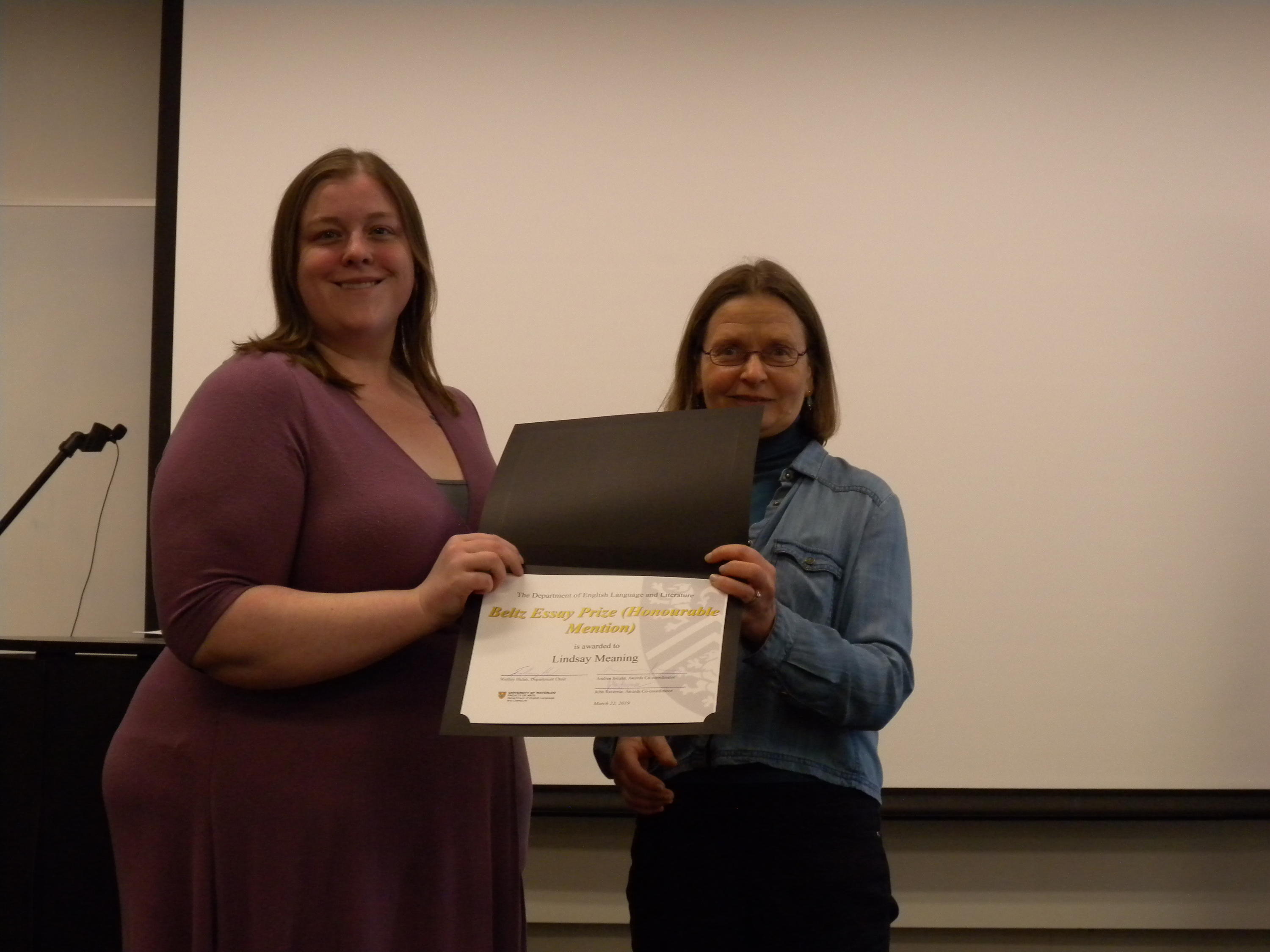 Lindsay Meaning receives an honourable mention for the Beltz Essay Prize, PhD from Alice Kuzniar.