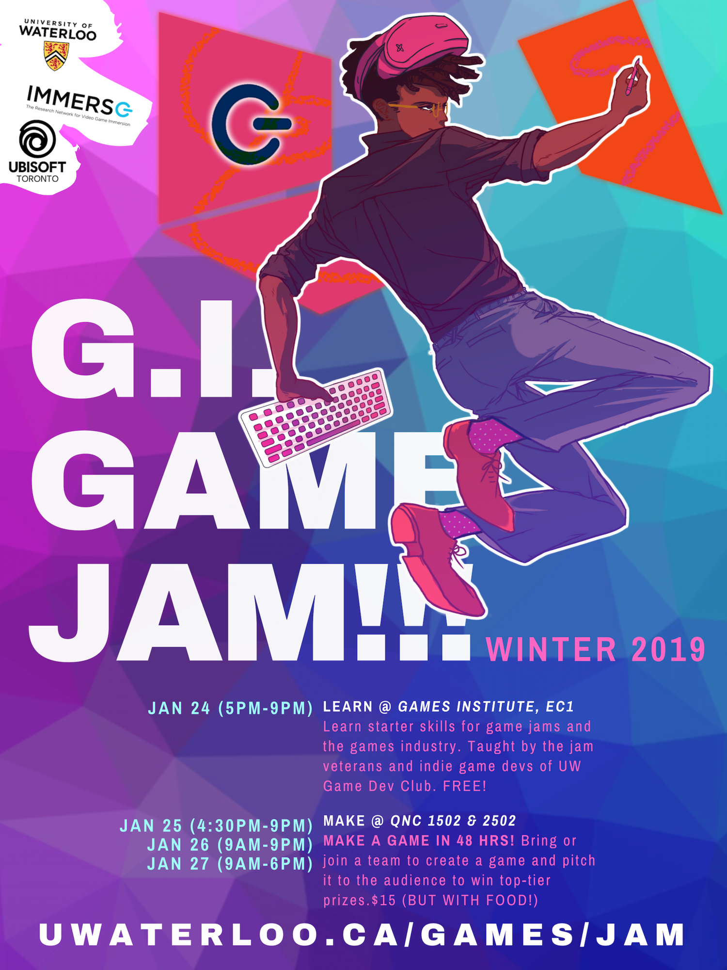 Poster for GI Game Jam with jumping man with keyboard.