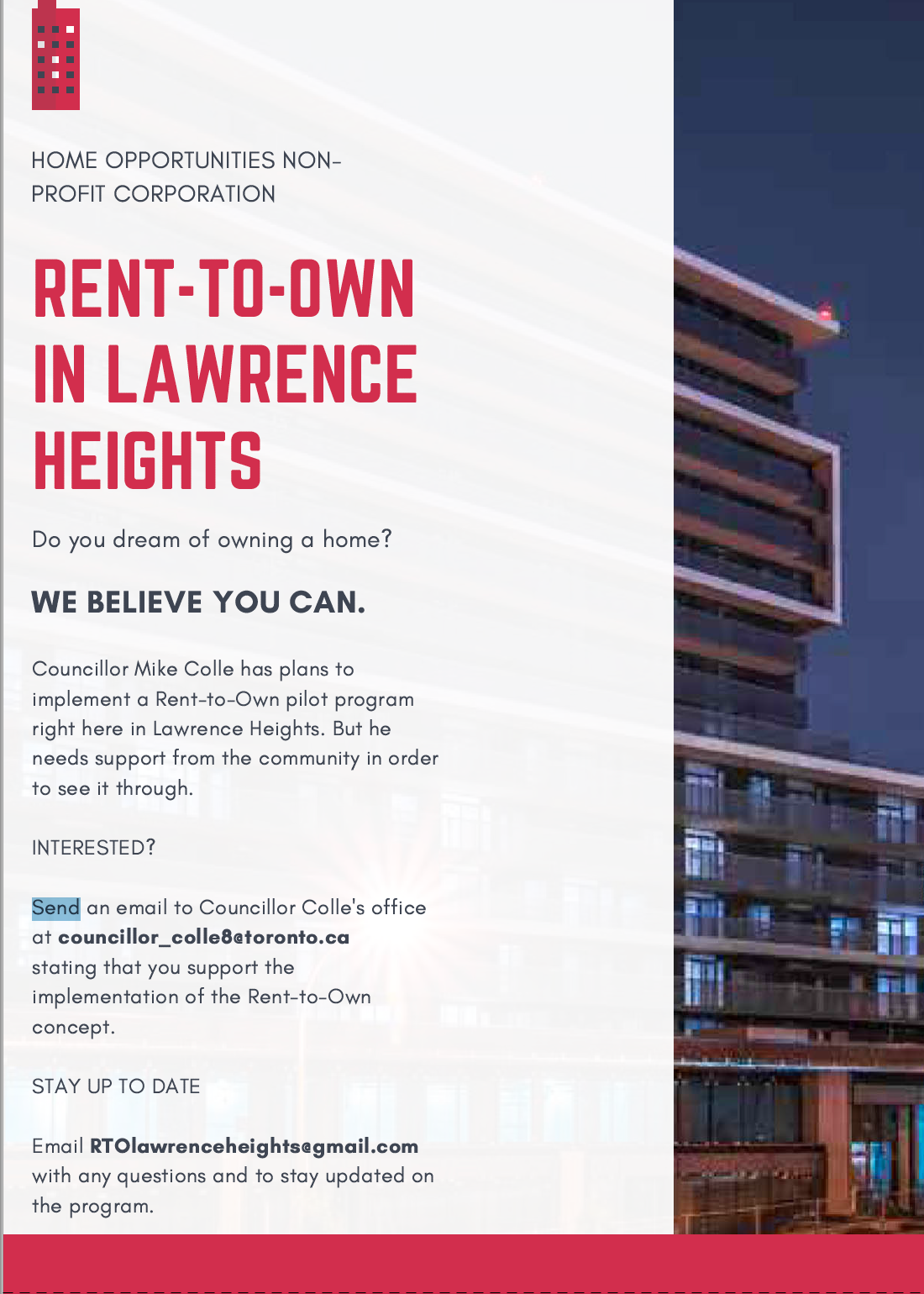 Poster for Rent to Own Project with text and image of building.