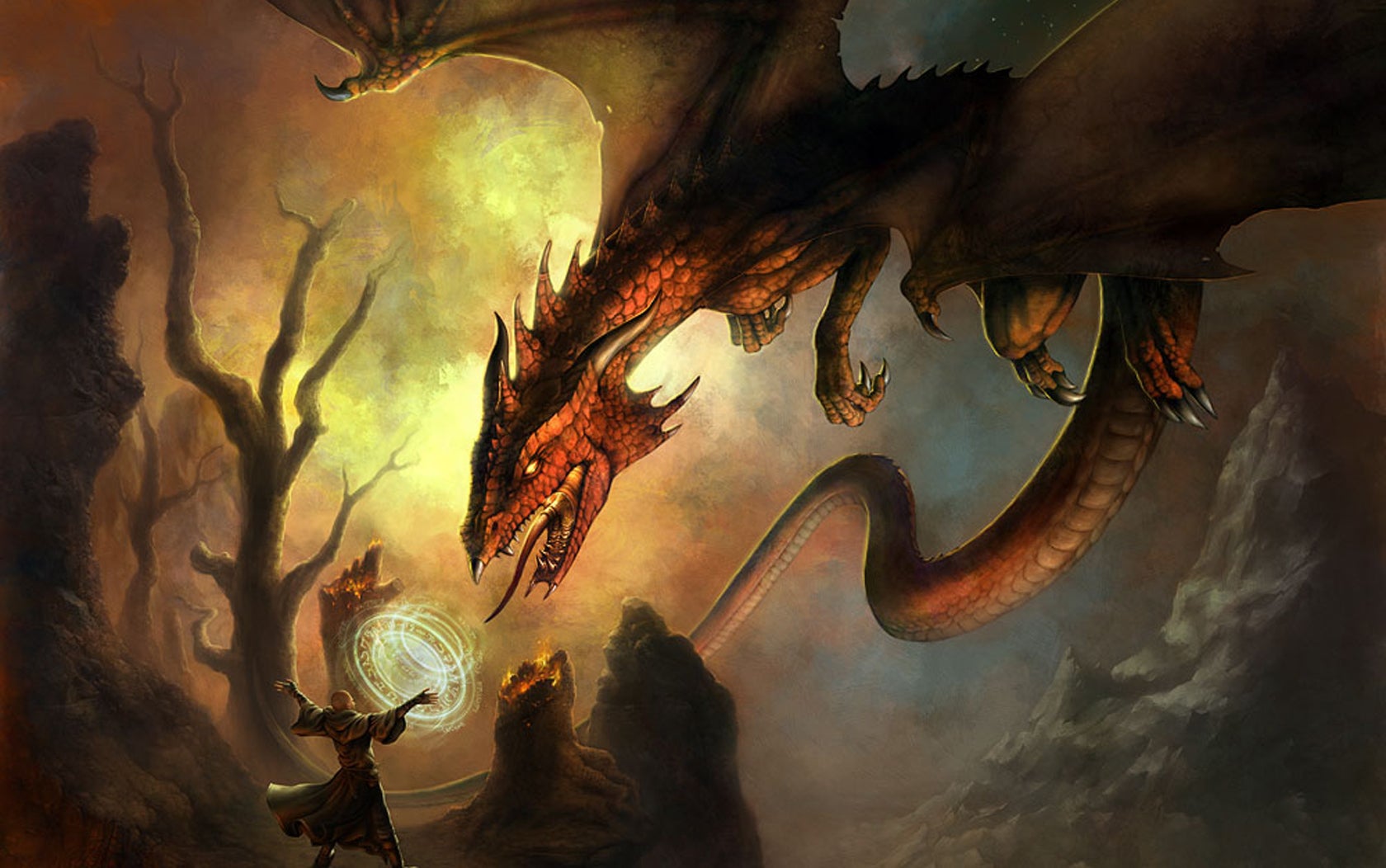Painting of dragon attacking wizard.
